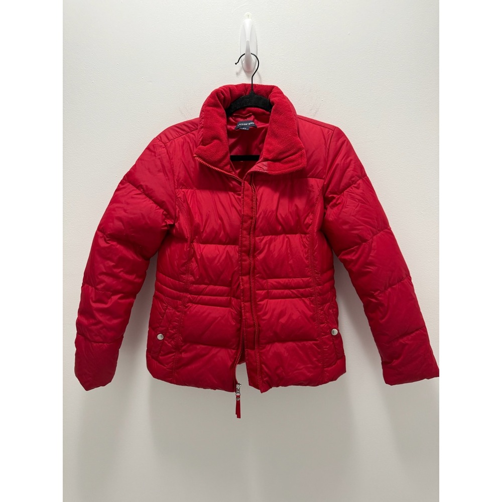 Lands End Womens Red Down Puffer Jacket Fleece Collar XS 2-4 Quilted Zip Up